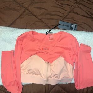 Bo+Tee Coral and Peach Long Sleeve Zip-Front Sports Crop Top